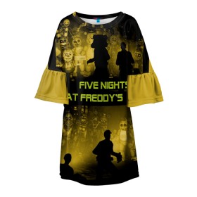 Детское платье 3D с принтом Five Nights at Freddys в Новосибирске, 100% полиэстер | прямой силуэт, чуть расширенный к низу. Круглая горловина, на рукавах — воланы | Тематика изображения на принте: five | freddys | horror | nights | point and click | survival | игра | ночей | пять | фредди