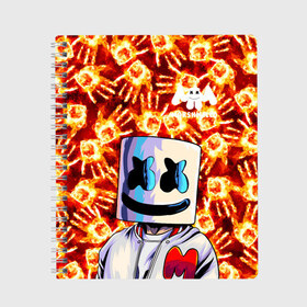 Тетрадь с принтом MARSHMELLO в Новосибирске, 100% бумага | 48 листов, плотность листов — 60 г/м2, плотность картонной обложки — 250 г/м2. Листы скреплены сбоку удобной пружинной спиралью. Уголки страниц и обложки скругленные. Цвет линий — светло-серый
 | fire | marshmello | music | дым | зефир | зефирка | лого | лого marshmello | лого маршмеллоу | логотип | логотип marshmello | логотип маршмеллоу | маршиеллоу | маска | музыка | музыкант | огненная рука