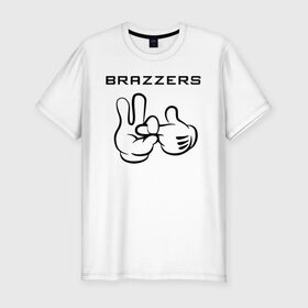 Мужская футболка хлопок Slim с принтом Brazzers в Новосибирске, 92% хлопок, 8% лайкра | приталенный силуэт, круглый вырез ворота, длина до линии бедра, короткий рукав | brazzers | анани | бразерс | браззерс | братья | звезда | надпись | прикол | проно хуб | сайт | 