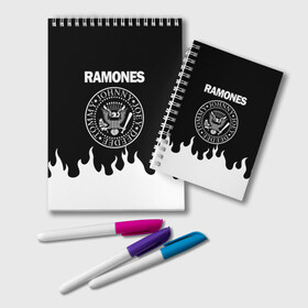 Блокнот с принтом RAMONES в Новосибирске, 100% бумага | 48 листов, плотность листов — 60 г/м2, плотность картонной обложки — 250 г/м2. Листы скреплены удобной пружинной спиралью. Цвет линий — светло-серый
 | Тематика изображения на принте: america | ramones | rock | usa | америка | джонни рамон | джоуи рамон | ди ди рамон | клем бурк | кристофер уорд | марки рамон | рамоунз | ричи рамон | рок | сша | томми рамон