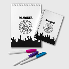 Блокнот с принтом RAMONES в Новосибирске, 100% бумага | 48 листов, плотность листов — 60 г/м2, плотность картонной обложки — 250 г/м2. Листы скреплены удобной пружинной спиралью. Цвет линий — светло-серый
 | Тематика изображения на принте: america | ramones | rock | usa | америка | джонни рамон | джоуи рамон | ди ди рамон | клем бурк | кристофер уорд | марки рамон | рамоунз | ричи рамон | рок | сша | томми рамон