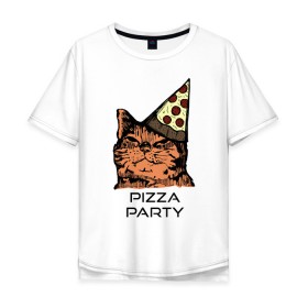 Мужская футболка хлопок Oversize с принтом PIZZA PARTY в Новосибирске, 100% хлопок | свободный крой, круглый ворот, “спинка” длиннее передней части | Тематика изображения на принте: party | pizza | pizza party | time | арт | веселье | время | для детей | животные | картинка | кот | котик | котики | пицца | пиццы | рисунок | рыжий кот
