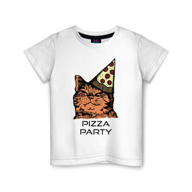 Детская футболка хлопок с принтом PIZZA PARTY в Новосибирске, 100% хлопок | круглый вырез горловины, полуприлегающий силуэт, длина до линии бедер | party | pizza | pizza party | time | арт | веселье | время | для детей | животные | картинка | кот | котик | котики | пицца | пиццы | рисунок | рыжий кот