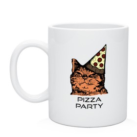 Кружка с принтом PIZZA PARTY в Новосибирске, керамика | объем — 330 мл, диаметр — 80 мм. Принт наносится на бока кружки, можно сделать два разных изображения | party | pizza | pizza party | time | арт | веселье | время | для детей | животные | картинка | кот | котик | котики | пицца | пиццы | рисунок | рыжий кот