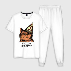 Мужская пижама хлопок с принтом PIZZA PARTY в Новосибирске, 100% хлопок | брюки и футболка прямого кроя, без карманов, на брюках мягкая резинка на поясе и по низу штанин
 | party | pizza | pizza party | time | арт | веселье | время | для детей | животные | картинка | кот | котик | котики | пицца | пиццы | рисунок | рыжий кот