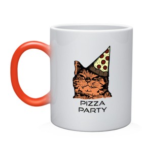 Кружка хамелеон с принтом PIZZA PARTY в Новосибирске, керамика | меняет цвет при нагревании, емкость 330 мл | party | pizza | pizza party | time | арт | веселье | время | для детей | животные | картинка | кот | котик | котики | пицца | пиццы | рисунок | рыжий кот