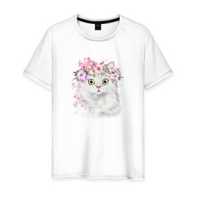 Мужская футболка хлопок с принтом Котик В Цветах в Новосибирске, 100% хлопок | прямой крой, круглый вырез горловины, длина до линии бедер, слегка спущенное плечо. | кот | котик | котик в цветах | рисунок | цветы