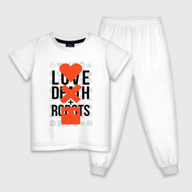 Детская пижама хлопок с принтом LOVE DEATH ROBOTS (LDR) в Новосибирске, 100% хлопок |  брюки и футболка прямого кроя, без карманов, на брюках мягкая резинка на поясе и по низу штанин
 | death | fantastic | future | ldr | love | love death and robots | love death robots | netflix | robots | sci fi | будущее | лдр | любовь | нетфликс | роботы | фантастика
