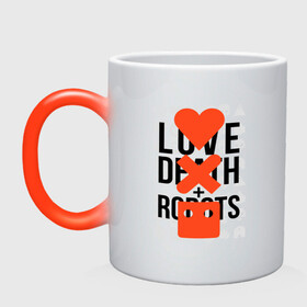 Кружка хамелеон с принтом LOVE DEATH ROBOTS (LDR) в Новосибирске, керамика | меняет цвет при нагревании, емкость 330 мл | Тематика изображения на принте: death | fantastic | future | ldr | love | love death and robots | love death robots | netflix | robots | sci fi | будущее | лдр | любовь | нетфликс | роботы | фантастика