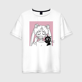 Женская футболка хлопок Oversize с принтом Sailor Moon Usagi Tsukino в Новосибирске, 100% хлопок | свободный крой, круглый ворот, спущенный рукав, длина до линии бедер
 | anime | bunny | kawaii | luna | manga | sailor moon | sailors | usagi tsukino | аниме | луна | манга | сейлор мун | усаги цукино
