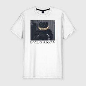 Мужская футболка хлопок Slim с принтом BVLGAKOV в Новосибирске, 92% хлопок, 8% лайкра | приталенный силуэт, круглый вырез ворота, длина до линии бедра, короткий рукав | bvlgakov | bvlgari | lvmh | антибренд | бренд | брендовы | брэнд | булгаков | булгари | знак | значок | как | кольцо | компания | кот | лого | логотип | мастер и маргарита | пародия | парфюм | прикол | серьги | символ