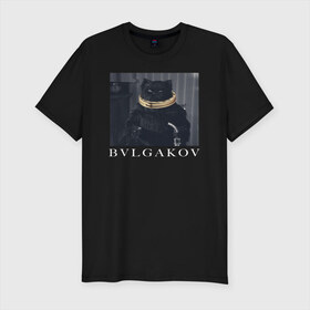 Мужская футболка хлопок Slim с принтом BVLGAKOV в Новосибирске, 92% хлопок, 8% лайкра | приталенный силуэт, круглый вырез ворота, длина до линии бедра, короткий рукав | bvlgakov | bvlgari | lvmh | антибренд | бренд | брендовы | брэнд | булгаков | булгари | знак | значок | как | кольцо | компания | кот | лого | логотип | мастер и маргарита | пародия | парфюм | прикол | серьги | символ