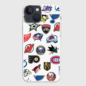 Чехол для iPhone 13 mini с принтом NHL PATTERN в Новосибирске,  |  | Тематика изображения на принте: anaheim ducks | arizona coyotes | boston bruins | buffalo sabres | calgary flames | canadiens de montreal | carolina hurricanes | chicago blackhawks | colorado avalanche | columbus blue jackets | dallas stars | detroit red wings | edmonton oil | hockey | 