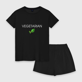 Женская пижама с шортиками хлопок с принтом VEGETARIAN в Новосибирске, 100% хлопок | футболка прямого кроя, шорты свободные с широкой мягкой резинкой | animals | love | vegan | vegeterian | веган | веганка | вегетарианец | вегетарианка | два | ем | животные | животных | лист | листа | листик | листика | листики | листы | люблю | мясо | не | сыроед | сыроедение