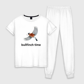 Женская пижама хлопок с принтом Bullfinch time в Новосибирске, 100% хлопок | брюки и футболка прямого кроя, без карманов, на брюках мягкая резинка на поясе и по низу штанин | bird | bullfinch | wings | летать | полет | птица | снегирь