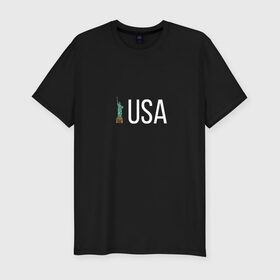 Мужская футболка хлопок Slim с принтом USA в Новосибирске, 92% хлопок, 8% лайкра | приталенный силуэт, круглый вырез ворота, длина до линии бедра, короткий рукав | america | city | liberty | new | ny | of | paris | states | tourist | united | usa | york | америка | башня | йорк | нью | свободы | символ | статуя | столица | сша | турист | туристическая