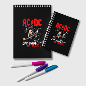 Блокнот с принтом AC DC let there be rock! в Новосибирске, 100% бумага | 48 листов, плотность листов — 60 г/м2, плотность картонной обложки — 250 г/м2. Листы скреплены удобной пружинной спиралью. Цвет линий — светло-серый
 | ac dc | acdc | acdc ас дс | angus | back in black | highway to hell | mckinnon | young | австралийская | ангус янг | ас дс | асдс | блюз | в форме | гитара | группа | крис слэйд | метал | молния | музыка | п | певец | рок | рок н ролл