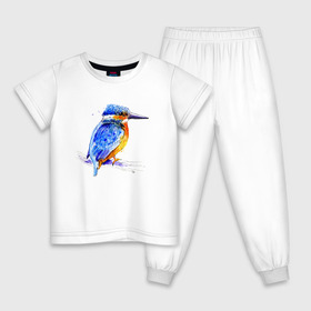 Детская пижама хлопок с принтом Kingfisher в Новосибирске, 100% хлопок |  брюки и футболка прямого кроя, без карманов, на брюках мягкая резинка на поясе и по низу штанин
 | акварель | графика | зимородок | крутой | модный | принт | птица | птичка | рисунок | рыбак | рыболов | скетч | стильный | яркий