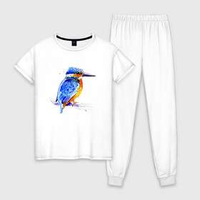 Женская пижама хлопок с принтом Kingfisher в Новосибирске, 100% хлопок | брюки и футболка прямого кроя, без карманов, на брюках мягкая резинка на поясе и по низу штанин | акварель | графика | зимородок | крутой | модный | принт | птица | птичка | рисунок | рыбак | рыболов | скетч | стильный | яркий