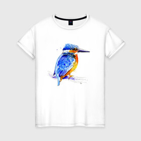 Женская футболка хлопок с принтом Kingfisher в Новосибирске, 100% хлопок | прямой крой, круглый вырез горловины, длина до линии бедер, слегка спущенное плечо | акварель | графика | зимородок | крутой | модный | принт | птица | птичка | рисунок | рыбак | рыболов | скетч | стильный | яркий
