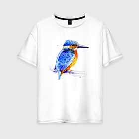 Женская футболка хлопок Oversize с принтом Kingfisher в Новосибирске, 100% хлопок | свободный крой, круглый ворот, спущенный рукав, длина до линии бедер
 | акварель | графика | зимородок | крутой | модный | принт | птица | птичка | рисунок | рыбак | рыболов | скетч | стильный | яркий