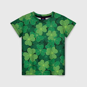 Детская футболка 3D с принтом Ирландский клевер в Новосибирске, 100% гипоаллергенный полиэфир | прямой крой, круглый вырез горловины, длина до линии бедер, чуть спущенное плечо, ткань немного тянется | clover | day | ireland.lucky | irish | patrick | patricks | shamrock | день | зеленая | зеленый | ирландский | клевер | купить | патрик | патрика | святого | святой