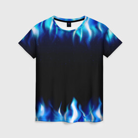 Женская футболка 3D с принтом Синий Огонь в Новосибирске, 100% полиэфир ( синтетическое хлопкоподобное полотно) | прямой крой, круглый вырез горловины, длина до линии бедер | абстракция | блеск | волны | дракон | дым | крутой | линии | неон | неоновый | ночь | огненный | огни | огонь | пламя | свет | синий | сияние | яркий