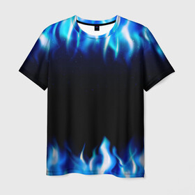 Мужская футболка 3D с принтом Синий Огонь в Новосибирске, 100% полиэфир | прямой крой, круглый вырез горловины, длина до линии бедер | Тематика изображения на принте: абстракция | блеск | волны | дракон | дым | крутой | линии | неон | неоновый | ночь | огненный | огни | огонь | пламя | свет | синий | сияние | яркий
