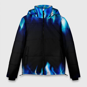 Мужская зимняя куртка 3D с принтом Синий Огонь в Новосибирске, верх — 100% полиэстер; подкладка — 100% полиэстер; утеплитель — 100% полиэстер | длина ниже бедра, свободный силуэт Оверсайз. Есть воротник-стойка, отстегивающийся капюшон и ветрозащитная планка. 

Боковые карманы с листочкой на кнопках и внутренний карман на молнии. | Тематика изображения на принте: абстракция | блеск | волны | дракон | дым | крутой | линии | неон | неоновый | ночь | огненный | огни | огонь | пламя | свет | синий | сияние | яркий