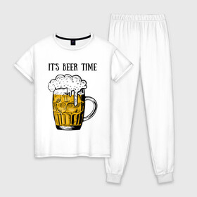 Женская пижама хлопок с принтом Its beer time в Новосибирске, 100% хлопок | брюки и футболка прямого кроя, без карманов, на брюках мягкая резинка на поясе и по низу штанин | beer | beer time | its beer time | надпись