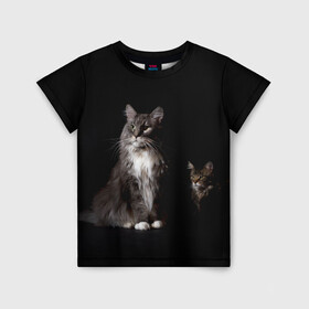 Детская футболка 3D с принтом Котики в Новосибирске, 100% гипоаллергенный полиэфир | прямой крой, круглый вырез горловины, длина до линии бедер, чуть спущенное плечо, ткань немного тянется | animal | animals | beast | black | cat | kitten | животное | животные | зверек | зверь | кот | котейка | котенок | котики | котэ | кошка | кошки | мейн кун | черная