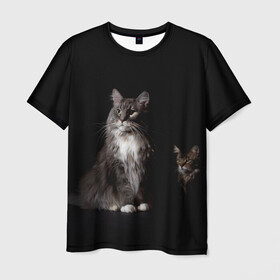 Мужская футболка 3D с принтом Котики в Новосибирске, 100% полиэфир | прямой крой, круглый вырез горловины, длина до линии бедер | animal | animals | beast | black | cat | kitten | животное | животные | зверек | зверь | кот | котейка | котенок | котики | котэ | кошка | кошки | мейн кун | черная