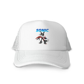 Кепка тракер с сеткой с принтом SONIC в Новосибирске, трикотажное полотно; задняя часть — сетка | длинный козырек, универсальный размер, пластиковая застежка | animal | games | hedgehog | sega | sonic | speed | speed sonic | быстрый ёж | ёж | ёжик | игры | персонаж | сега | синий ёж | скорость | соник