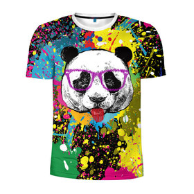 Мужская футболка 3D спортивная с принтом Панда хипстер в брызгах краски в Новосибирске, 100% полиэстер с улучшенными характеристиками | приталенный силуэт, круглая горловина, широкие плечи, сужается к линии бедра | Тематика изображения на принте: hipster | panda | брызги | в очках | краска | краски | красок | крутая | милая | модная | очки | панда | показывает язык | пятна | хипстер | экспрессионизм | язык | яркая | яркие