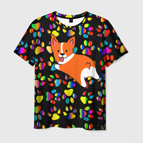 Мужская футболка 3D с принтом Корги | Цветные лапки в Новосибирске, 100% полиэфир | прямой крой, круглый вырез горловины, длина до линии бедер | corgi | dog | korgi | корги | лапки | лапы | милая | пёс | псы | радуга | собака | собачка | собачки | цвета | цветная | яркая
