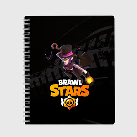 Тетрадь с принтом Brawl stars Mortis Мортис в Новосибирске, 100% бумага | 48 листов, плотность листов — 60 г/м2, плотность картонной обложки — 250 г/м2. Листы скреплены сбоку удобной пружинной спиралью. Уголки страниц и обложки скругленные. Цвет линий — светло-серый
 | Тематика изображения на принте: brawl | brawl stars | brawlstars | brawl_stars | jessie | mortis | бравл | бравлстарс | ворон | мортис