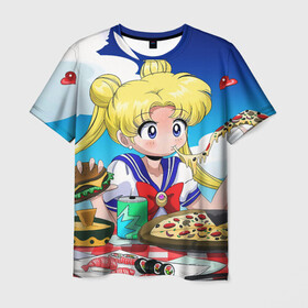 Мужская футболка 3D с принтом Пицца Мун в Новосибирске, 100% полиэфир | прямой крой, круглый вырез горловины, длина до линии бедер | anime | food | japan | manga | pizza | sailor moon | аниме | девочка | девушка | еда | лунная призма | манга | пицца | сейлор мун | сэйлор мун | япония
