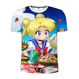 Мужская футболка 3D спортивная с принтом Пицца Мун в Новосибирске, 100% полиэстер с улучшенными характеристиками | приталенный силуэт, круглая горловина, широкие плечи, сужается к линии бедра | Тематика изображения на принте: anime | food | japan | manga | pizza | sailor moon | аниме | девочка | девушка | еда | лунная призма | манга | пицца | сейлор мун | сэйлор мун | япония