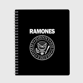 Тетрадь с принтом RAMONES в Новосибирске, 100% бумага | 48 листов, плотность листов — 60 г/м2, плотность картонной обложки — 250 г/м2. Листы скреплены сбоку удобной пружинной спиралью. Уголки страниц и обложки скругленные. Цвет линий — светло-серый
 | Тематика изображения на принте: america | ramones | rock | usa | америка | джонни рамон | джоуи рамон | ди ди рамон | клем бурк | кристофер уорд | марки рамон | рамоунз | ричи рамон | рок | сша | томми рамон