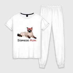 Женская пижама хлопок с принтом Мама сиамского кота в Новосибирске, 100% хлопок | брюки и футболка прямого кроя, без карманов, на брюках мягкая резинка на поясе и по низу штанин | кот | кошка | мама | сиамец | сиамский кот