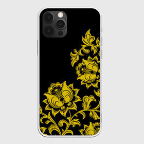 Чехол для iPhone 12 Pro с принтом Золотая хохлома в Новосибирске, силикон | область печати: задняя сторона чехла, без боковых панелей | бесконечный | бесшовный | жёлтый | завиток | золото | линия | лист | орнамент | повторение | позолоченный | природа | растение | роспись | русский | узор | цветок | чёрный | элемент
