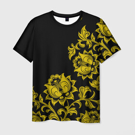 Мужская футболка 3D с принтом Золотая хохлома в Новосибирске, 100% полиэфир | прямой крой, круглый вырез горловины, длина до линии бедер | бесконечный | бесшовный | жёлтый | завиток | золото | линия | лист | орнамент | повторение | позолоченный | природа | растение | роспись | русский | узор | цветок | чёрный | элемент