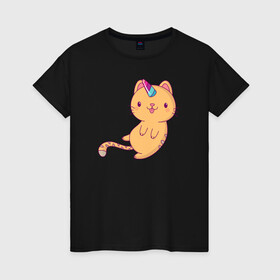 Женская футболка хлопок с принтом Котик - Единорожик в Новосибирске, 100% хлопок | прямой крой, круглый вырез горловины, длина до линии бедер, слегка спущенное плечо | cat | happy | unicorn | единорог | единорожка | киса | кот | котенок | котэ | котя | кошак | кошка | милый | рыжий | хороший