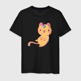 Мужская футболка хлопок с принтом Котик - Единорожик в Новосибирске, 100% хлопок | прямой крой, круглый вырез горловины, длина до линии бедер, слегка спущенное плечо. | Тематика изображения на принте: cat | happy | unicorn | единорог | единорожка | киса | кот | котенок | котэ | котя | кошак | кошка | милый | рыжий | хороший