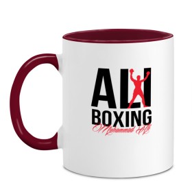 Кружка двухцветная с принтом Muhammad Ali в Новосибирске, керамика | объем — 330 мл, диаметр — 80 мм. Цветная ручка и кайма сверху, в некоторых цветах — вся внутренняя часть | Тематика изображения на принте: ali | boxer | boxing | muhammad | али | бокс | боксер | мухаммед