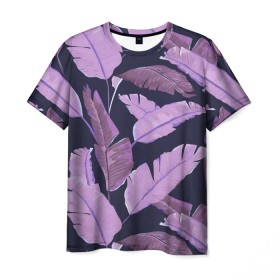 Мужская футболка 3D с принтом Tropical leaves 4 purple в Новосибирске, 100% полиэфир | прямой крой, круглый вырез горловины, длина до линии бедер | leaves | palms. тропические | tropical | листья | пальмы