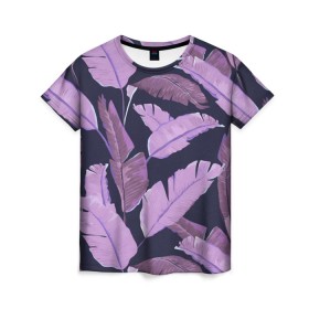 Женская футболка 3D с принтом Tropical leaves 4 purple в Новосибирске, 100% полиэфир ( синтетическое хлопкоподобное полотно) | прямой крой, круглый вырез горловины, длина до линии бедер | leaves | palms. тропические | tropical | листья | пальмы