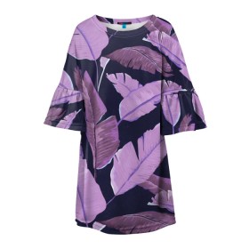 Детское платье 3D с принтом Tropical leaves 4 purple в Новосибирске, 100% полиэстер | прямой силуэт, чуть расширенный к низу. Круглая горловина, на рукавах — воланы | leaves | palms. тропические | tropical | листья | пальмы