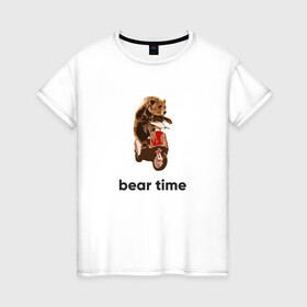 Женская футболка хлопок с принтом Bear time в Новосибирске, 100% хлопок | прямой крой, круглый вырез горловины, длина до линии бедер, слегка спущенное плечо | bear | bear time | bike | moto | motorbike | motorcycle | scooter | медведь | миша | мишка | мопед | мото | мотоцикл