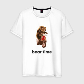 Мужская футболка хлопок с принтом Bear time в Новосибирске, 100% хлопок | прямой крой, круглый вырез горловины, длина до линии бедер, слегка спущенное плечо. | Тематика изображения на принте: bear | bear time | bike | moto | motorbike | motorcycle | scooter | медведь | миша | мишка | мопед | мото | мотоцикл
